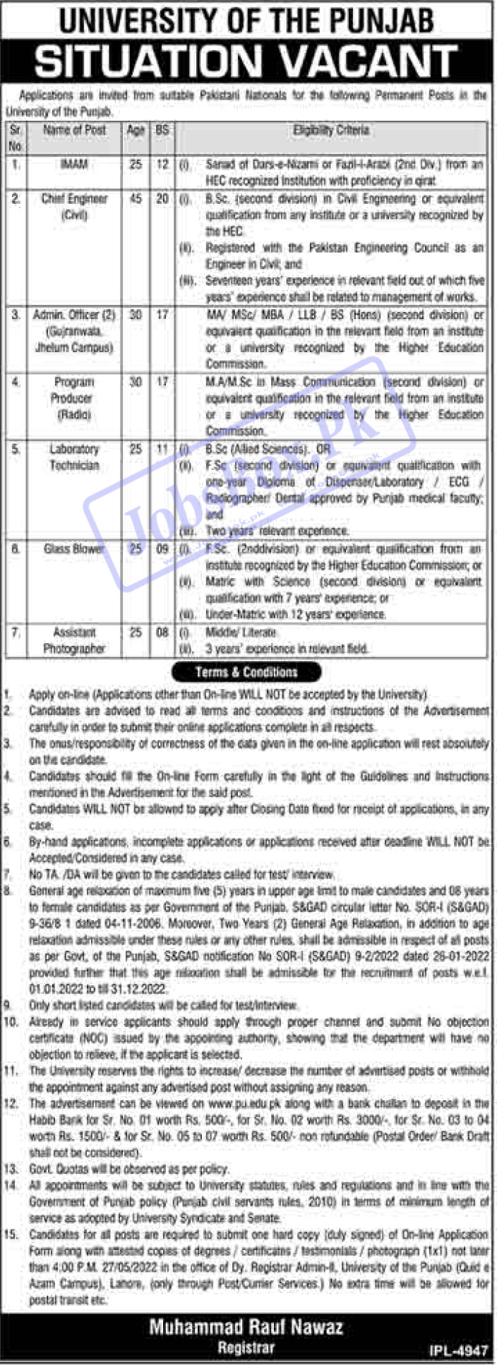 University of the Punjab PU Lahore Jobs 2022 Fill Online Form