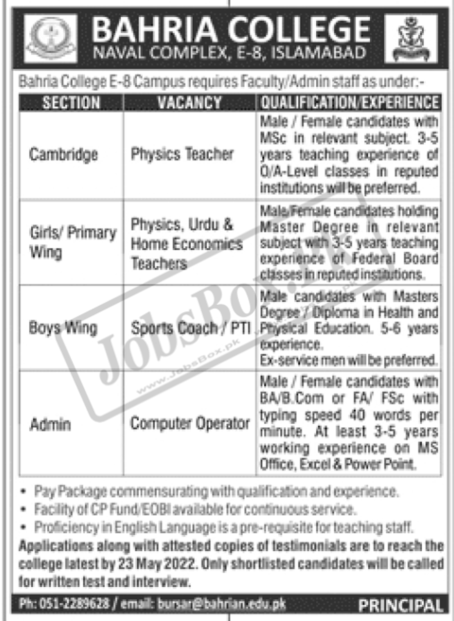 Bahria College E-8 Campus Islamabad Jobs 2022