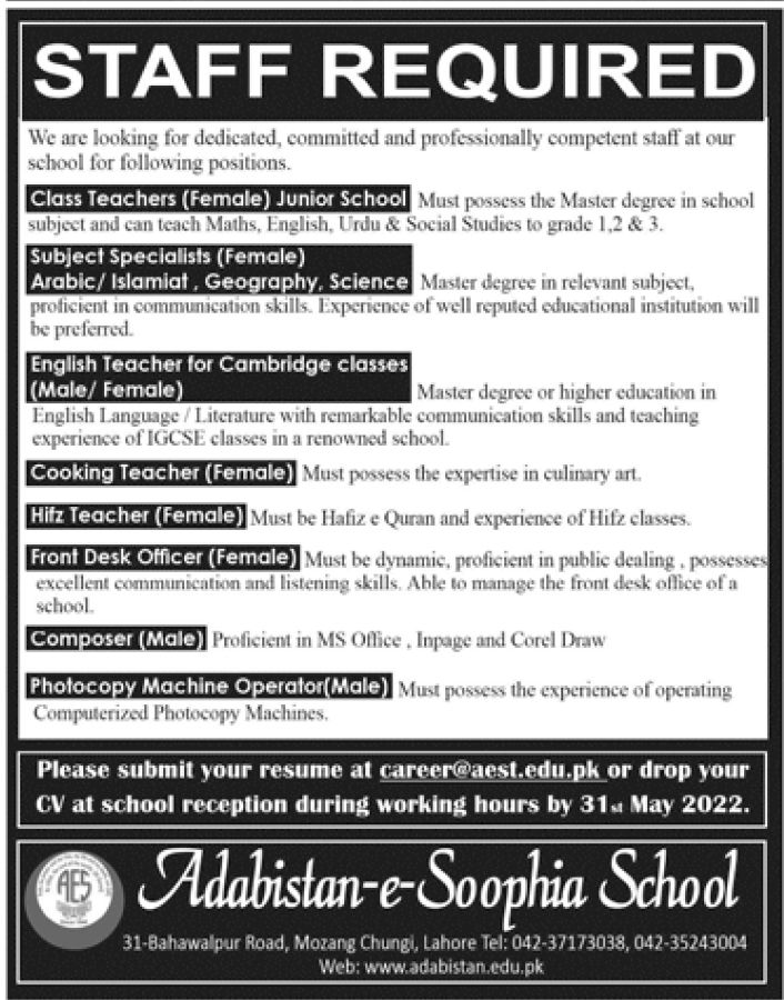 Teaching Jobs in Lahore in Adabistan E Sophia School