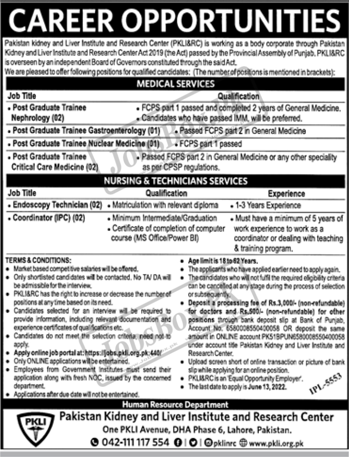 Pakistan Kidney And Liver Institute PKLI Jobs 2022 Fill Online Form