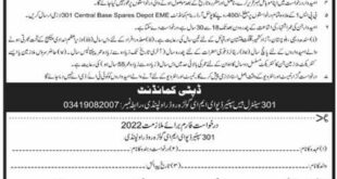 301 Central Base Spares Depot EME Rawalpindi Jobs 2022 Advertisement