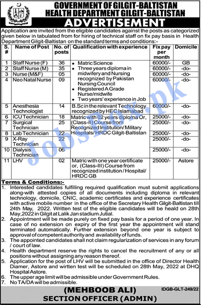 Health Department Gilgit Baltistan Jobs 2022 Advertisement