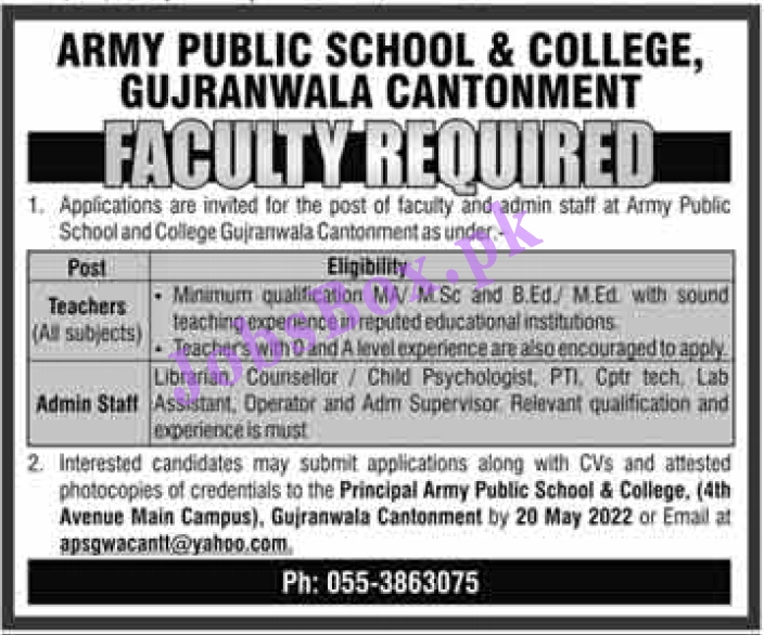 Army Public School & College Gujranwala Jobs 2022 May Advertisement