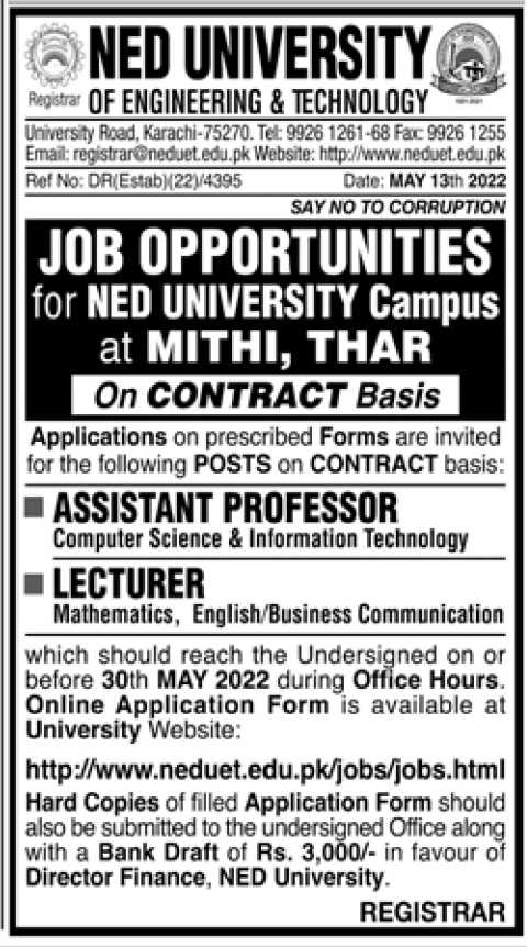NED University Jobs 2022 for Assistant Professors & Lecturers