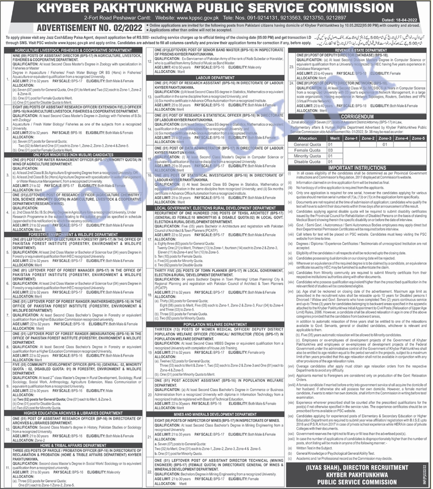 KPPSC Jobs 2022 Advertisement No. 02 Download Online Form Last Date