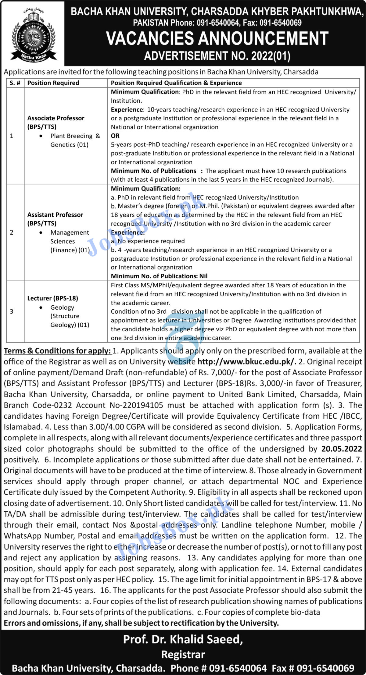Bacha Khan University Charsadda Jobs 2022 Download Application Form