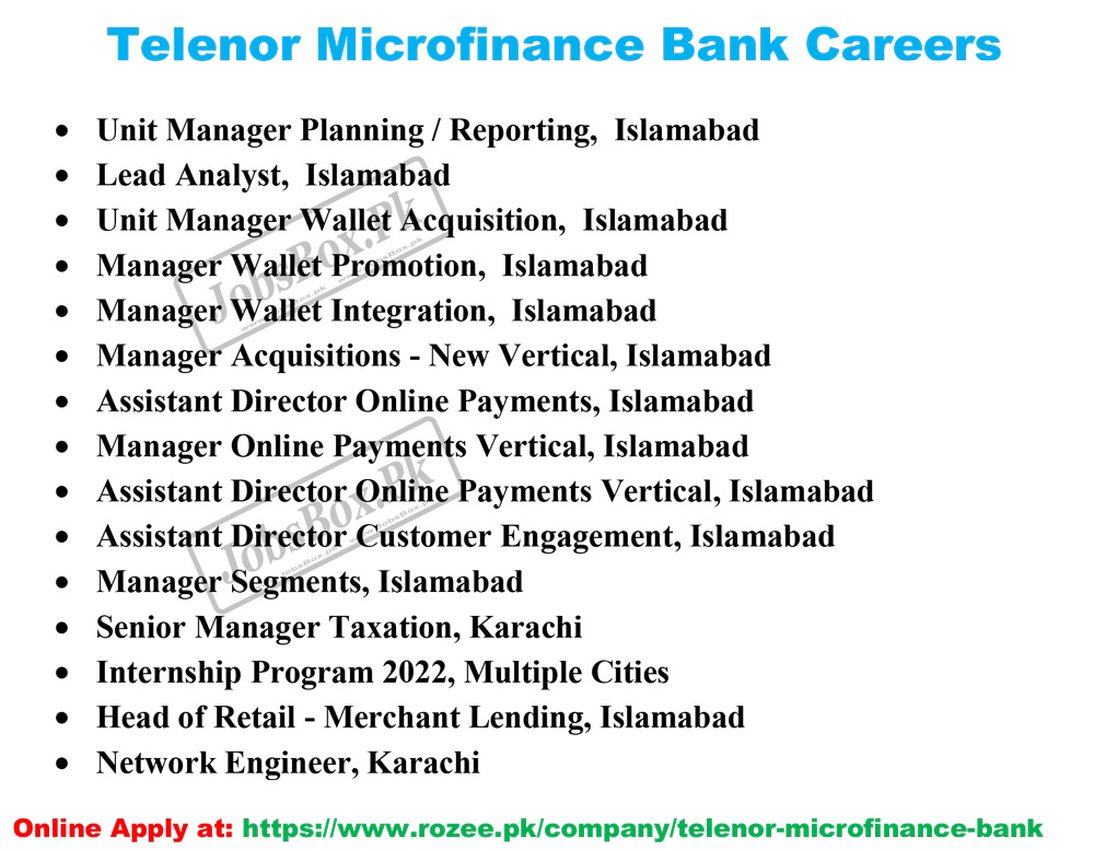 Telenor Microfinance Bank Jobs 2022 across Pakistan Fill Online Form