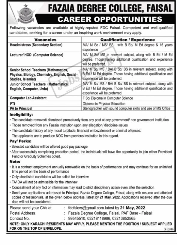 Fazaia Degree College Faisal Karachi Jobs 2022 May Advertisement