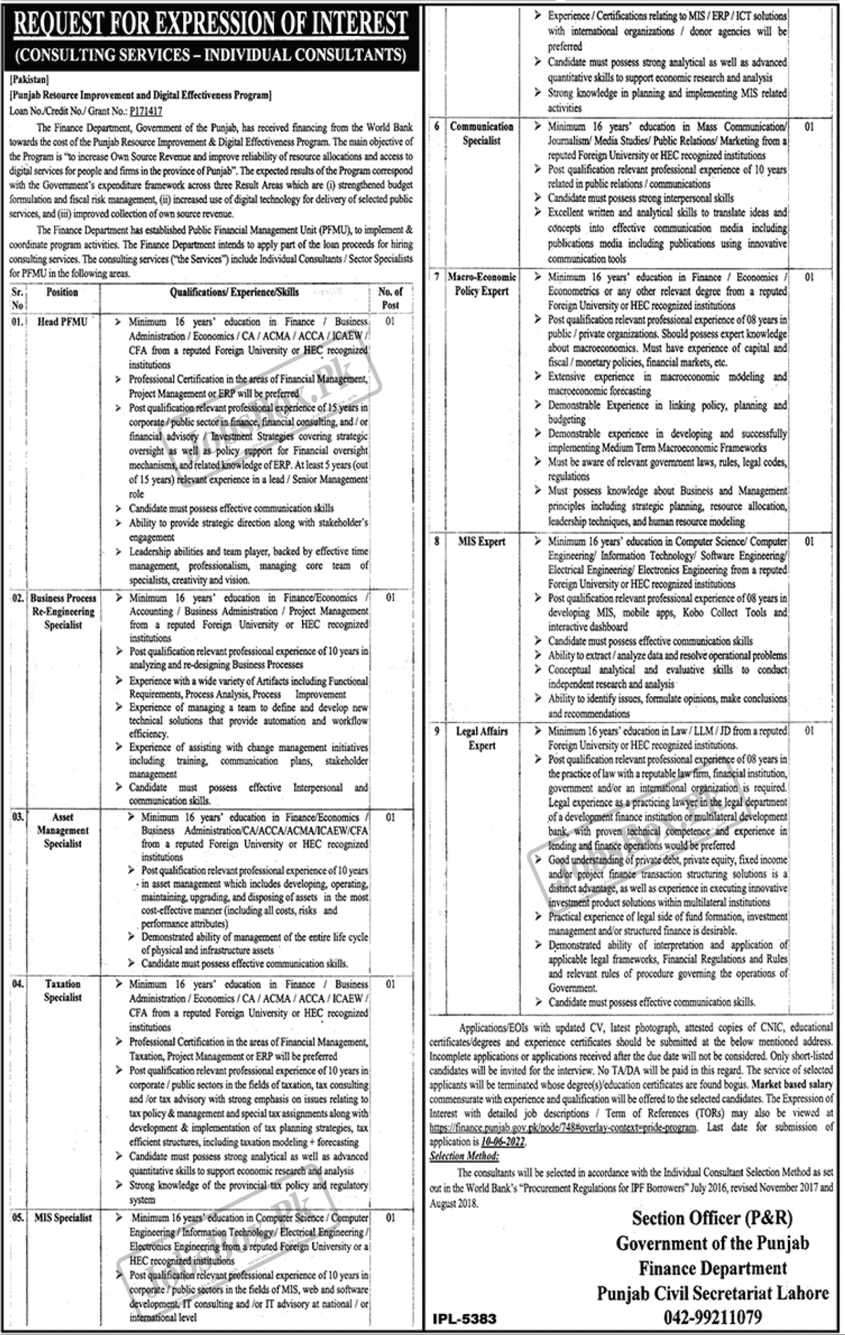 Finance Department Government of Punjab Jobs 2022 – Download Form