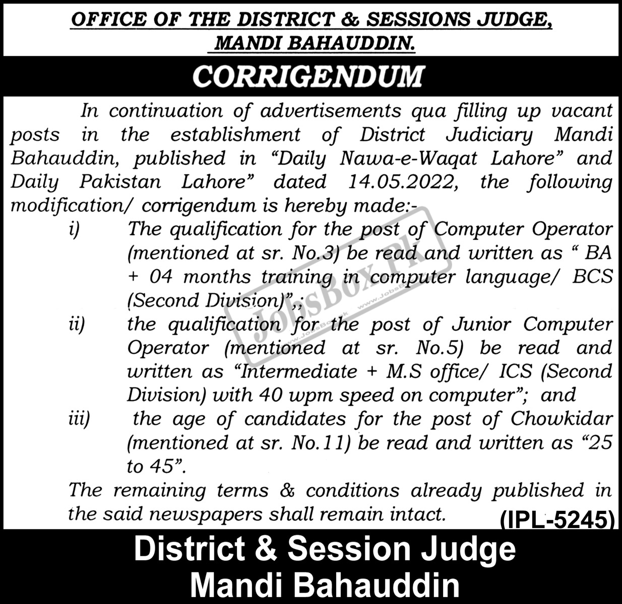 Govt Jobs in District and Session Courts Mandi Bahauddin – Download Form