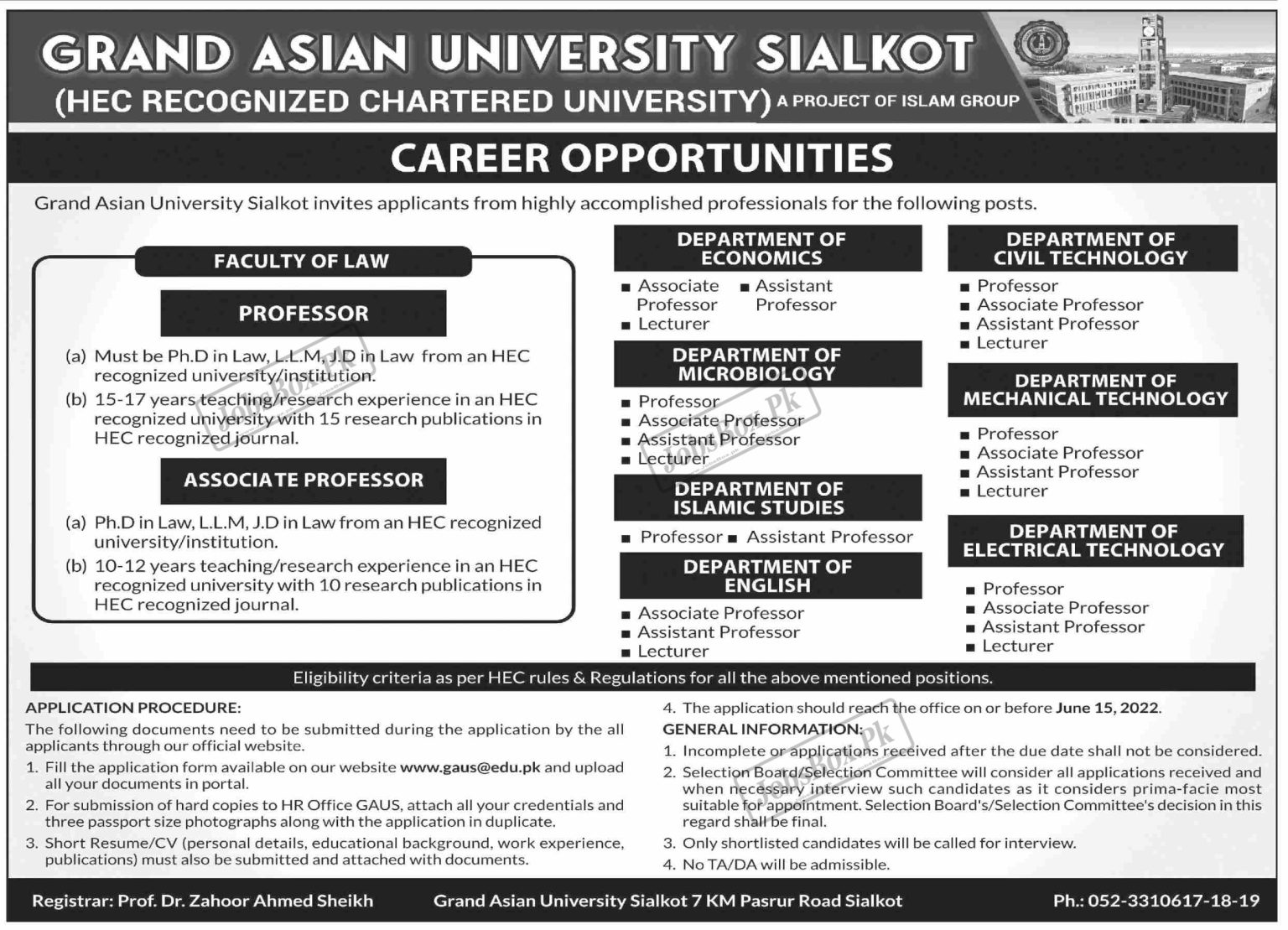 Grand Asian University Sialkot GAUS Jobs 2022 – Fill Online Form