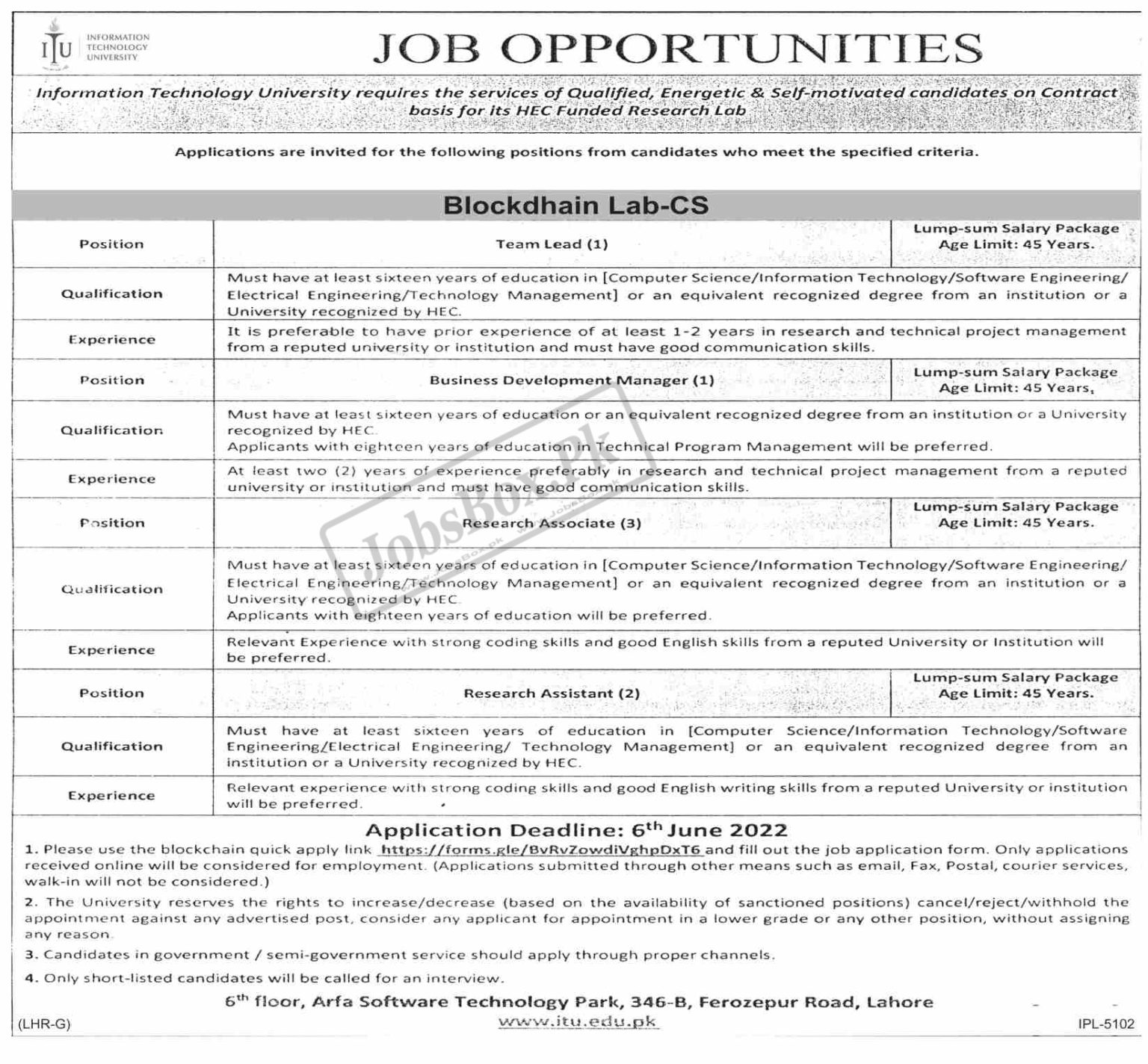 Information Technology University ITU Lahore Jobs 2022 Online Form
