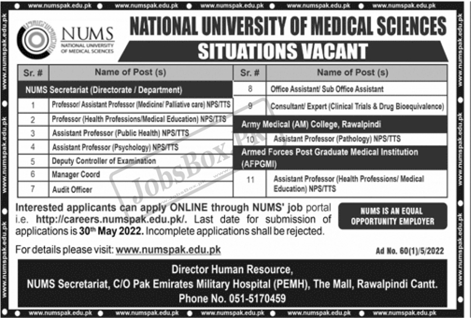 NUMS Jobs 2022 – National University of Medical Sciences Career