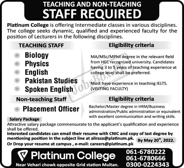 Platinum College Multan Jobs 2022 for Lecturers