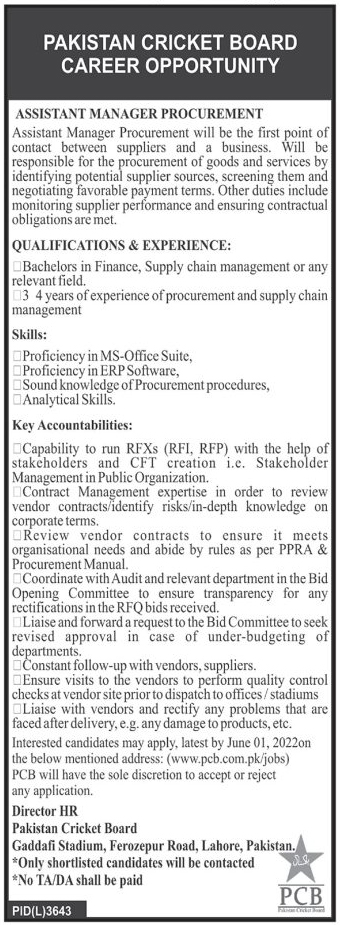 Pakistan Cricket Board PCB Jobs 2022 for Assistant Manager