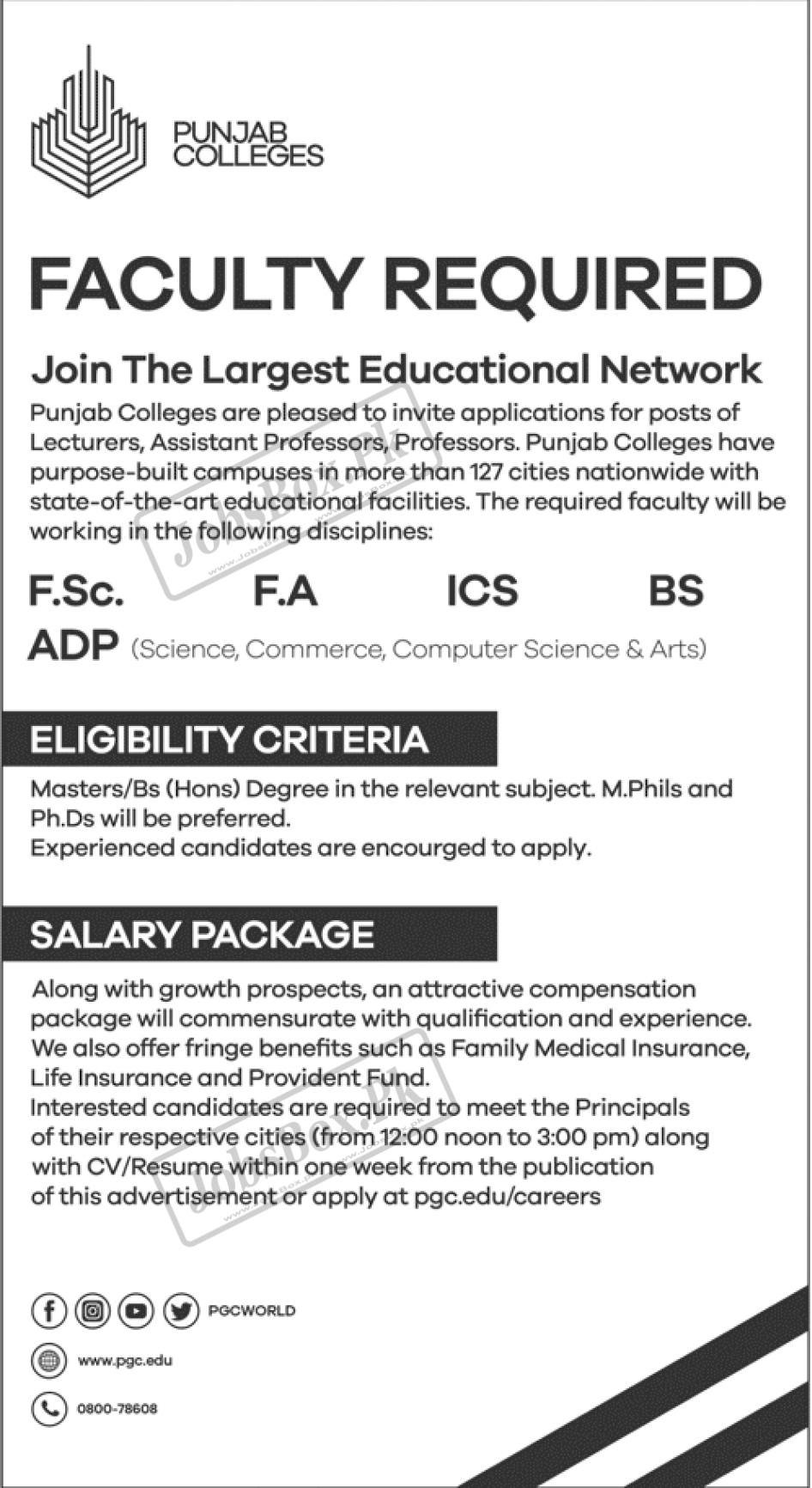 Punjab Colleges Jobs 2022 across Pakistan – PGC Career Advertisement