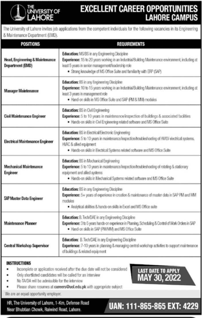 University of Lahore UOL Jobs 2022 for Non-Teaching Staff