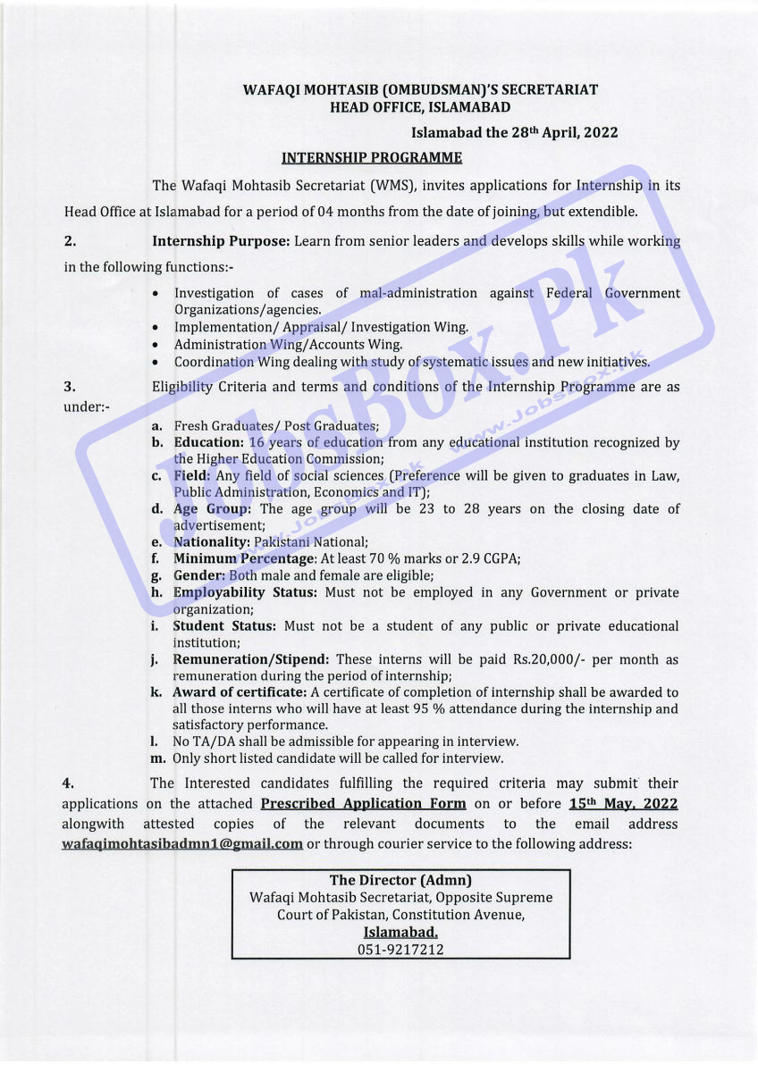 Wafaqi Mohtasib – Federal Ombudsman Internships 2022 Download Form