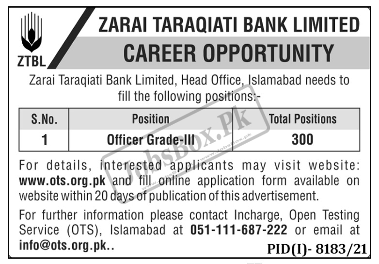 Zarai Taraqiati Bank Limited ZTBL Jobs 2022 via OTS (300 Positions)