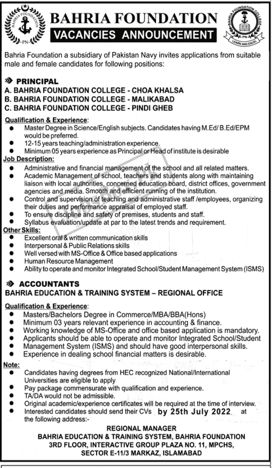 Bahria Foundation Colleges Jobs 2022