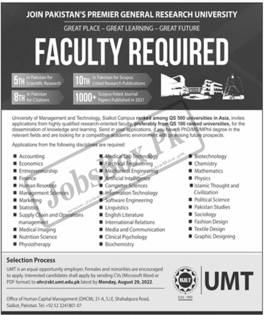 University of Management and Technology UMT Jobs 2022 Latest