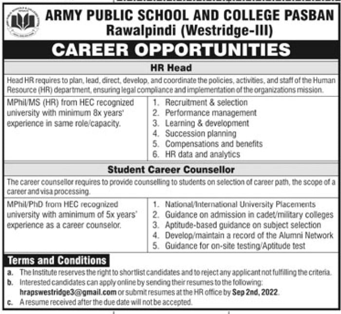 Army Public School & College Pasban Rawalpindi Jobs 2022