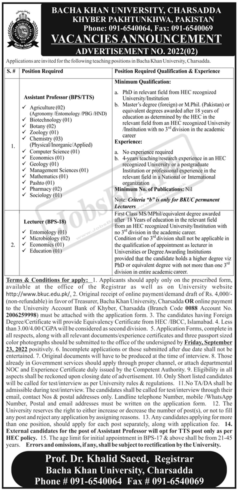 Bacha Khan University Charsadda Jobs 2022 – Download Form