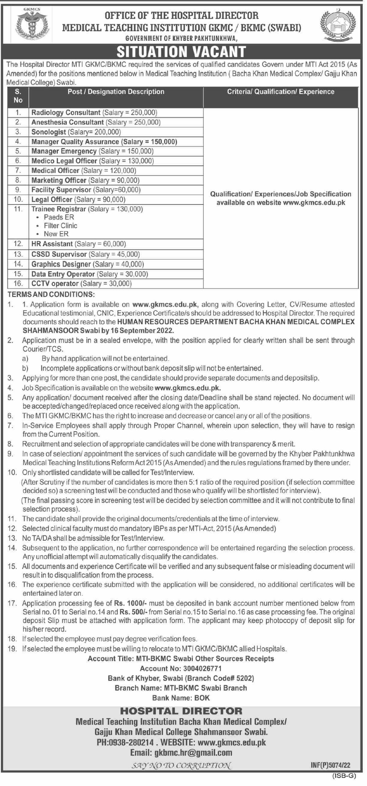 Bacha Khan Medical Complex Swabi Jobs 2022 | GKMCS