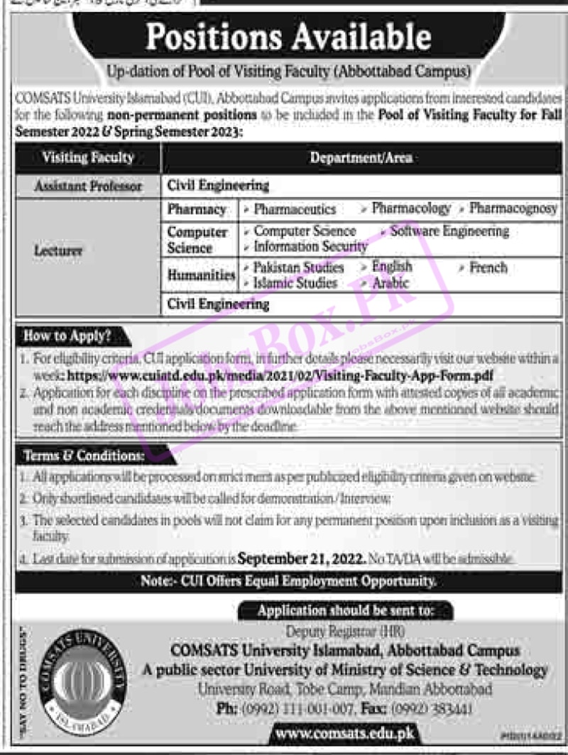 COMSATS University CUI Abbottabad Campus Jobs 2022