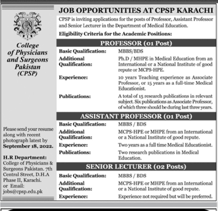 College of Physicians and Surgeons Pakistan CPSP Jobs 2022