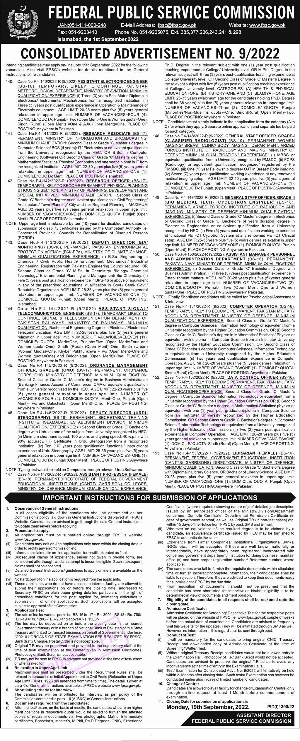 FPSC Jobs September 2022 Consolidated Advertisement No. 09