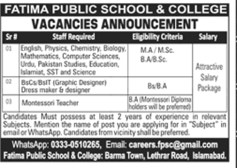 Fatima Public School and College Islamabad Jobs 2022