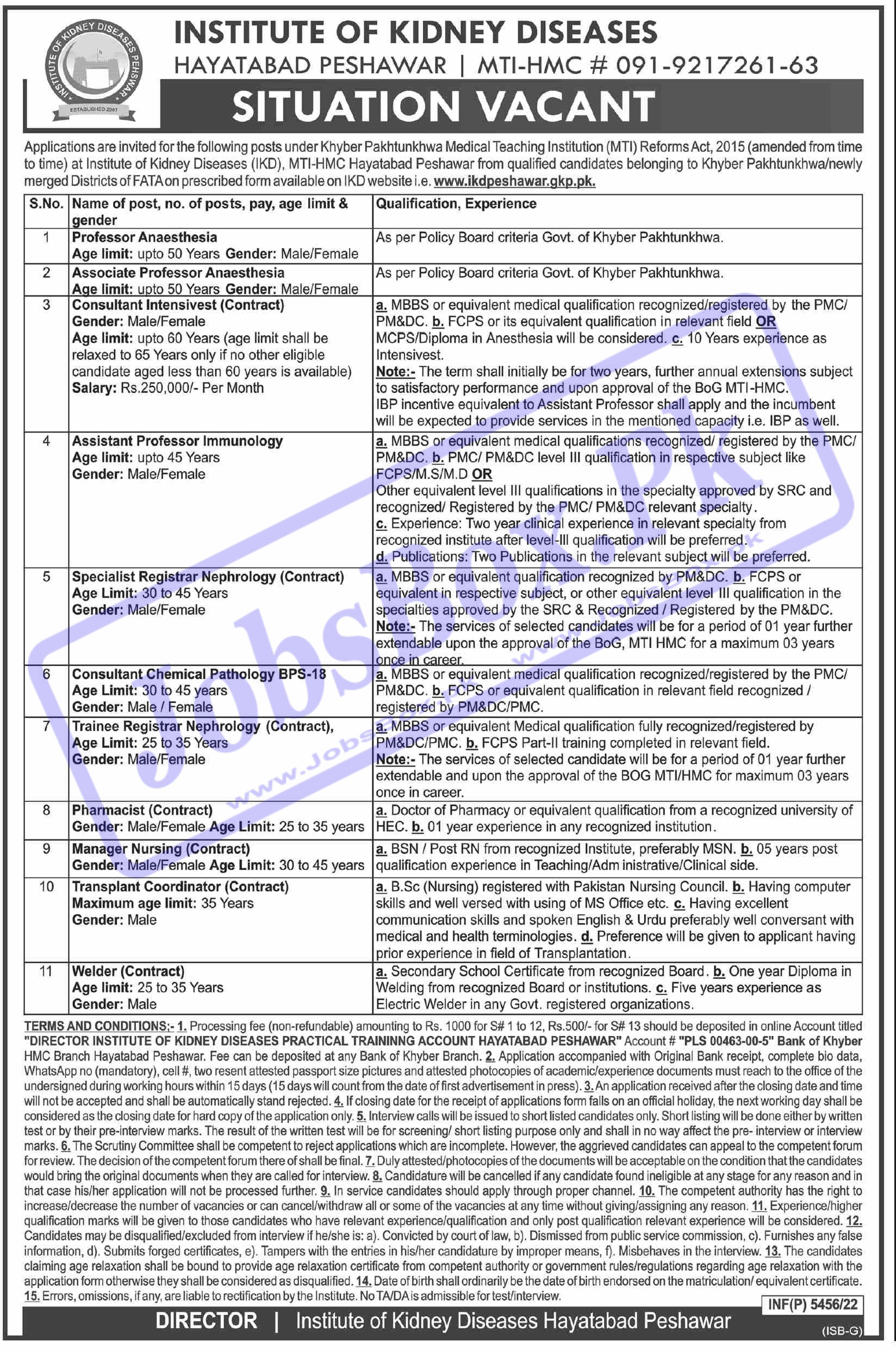Institute of Kidney Diseases Peshawar Jobs 2022 Download Form