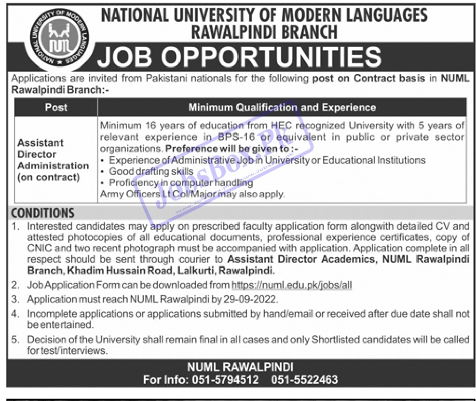 NUML Rawalpindi Branch Jobs 2022 for Male/Female