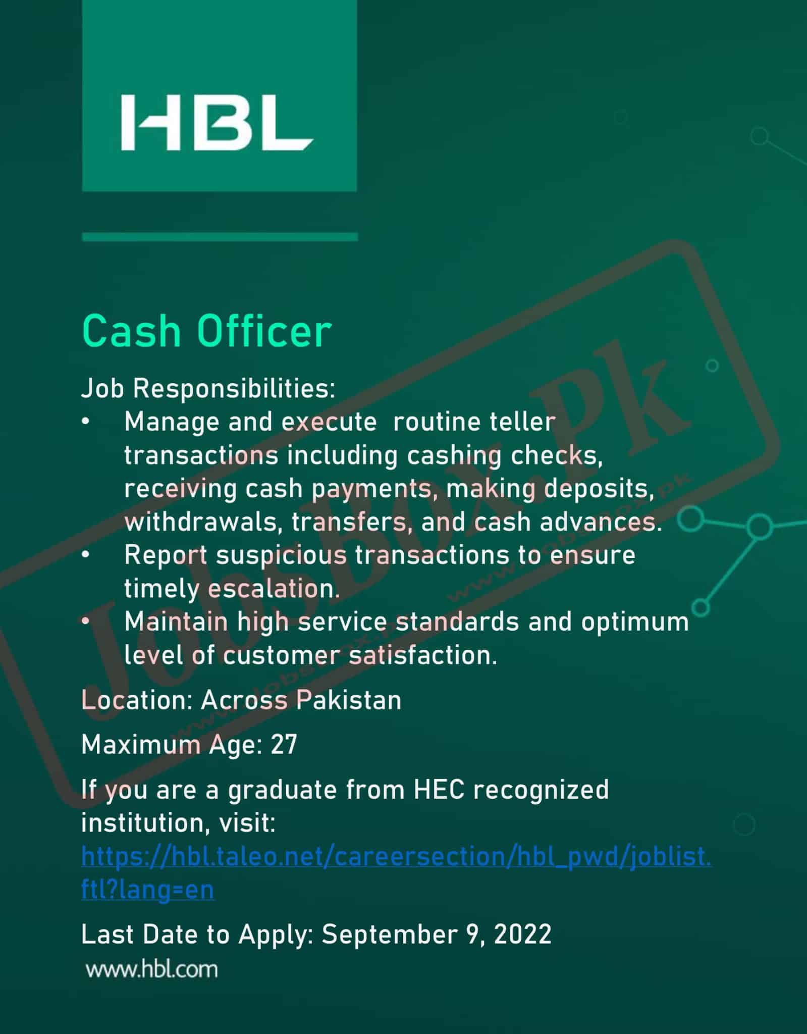 New Cashier Jobs 2022 Vacancies at HBL for Fresh Graduates