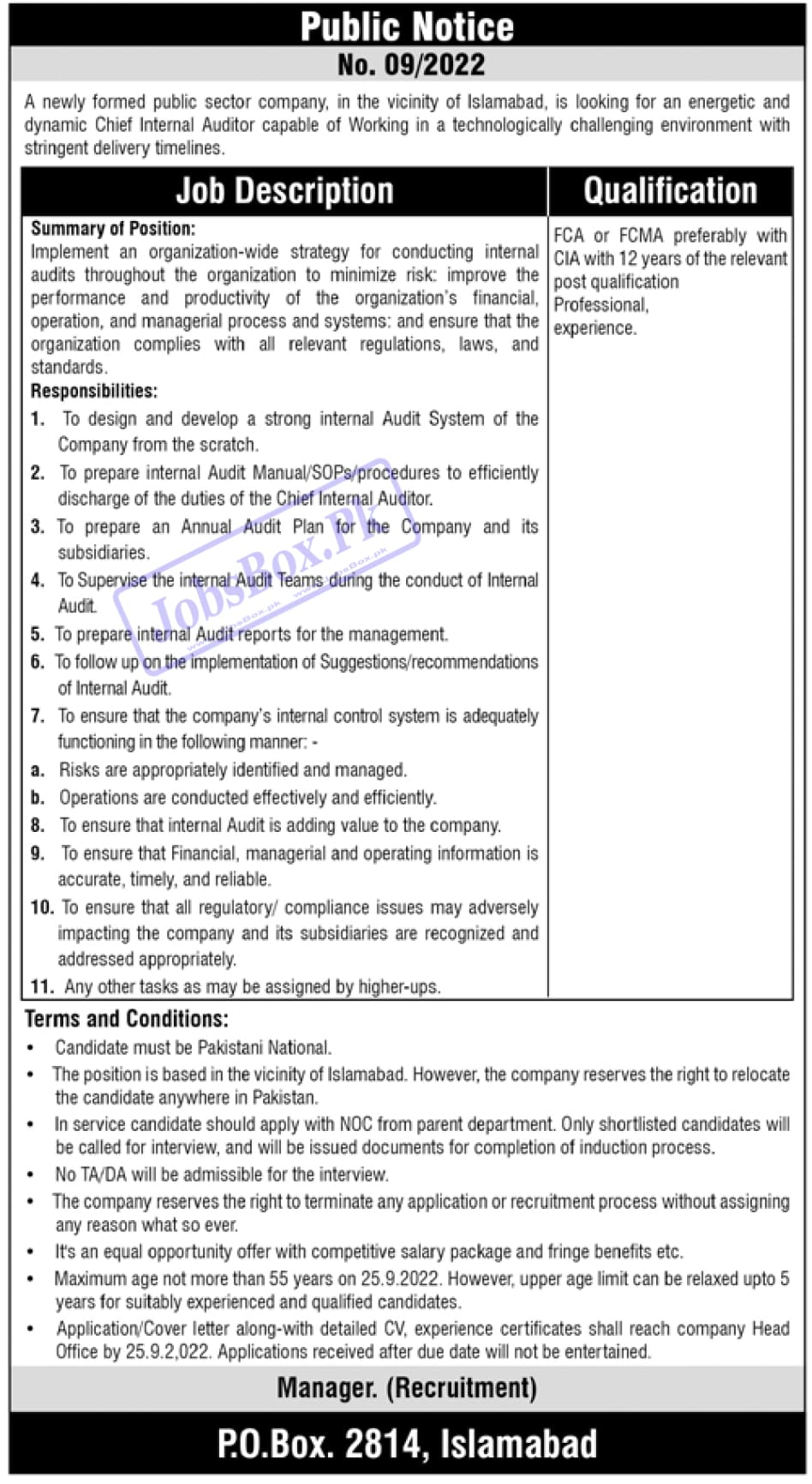 PO Box 2814 Public Sector Company Islamabad Jobs 2022