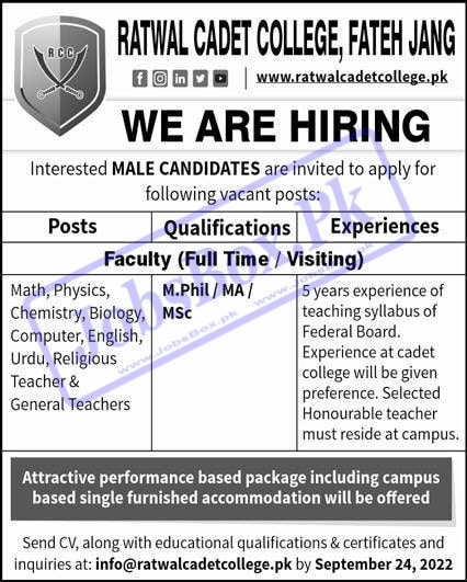 Ratwal Cadet College Fateh Jang Jobs 2022 Male Candidate are Invited