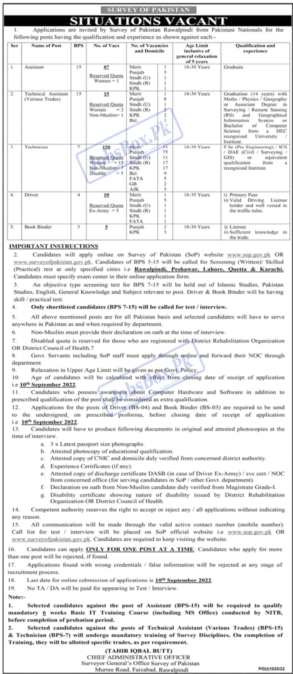 Survey of Pakistan SOP Rawalpindi Jobs 2022 Apply at www.sop.gov.pk
